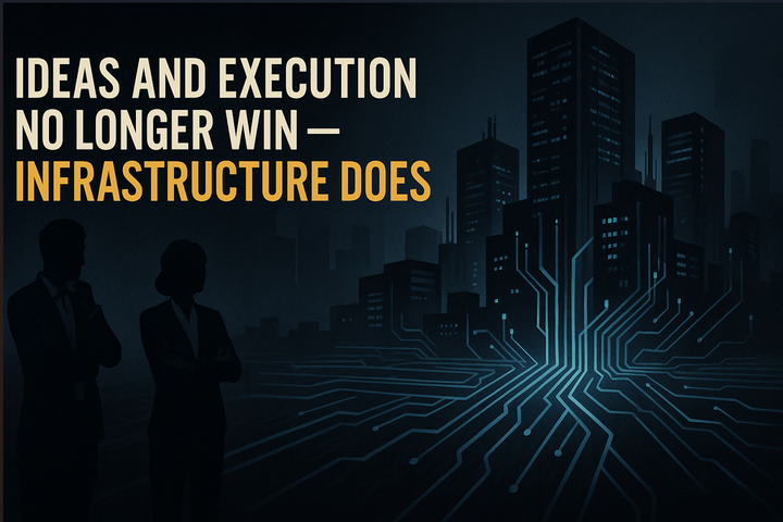 Futuristic city glowing with blue circuitry as two silhouetted observers stand in shadow, symbolizing the dominance of AI infrastructure over ideas and execution.