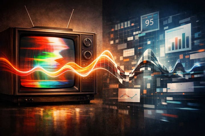 Split image showing an analog television with color drift beside distorted digital charts, connected by a warped signal wave representing evaluation failure in complex AI systems.