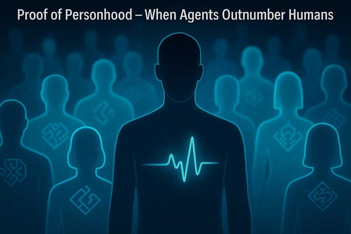 Silhouetted human figure with a glowing heartbeat stands among identical blue human outlines, symbolizing proof of personhood and continuity in a world of autonomous agents.