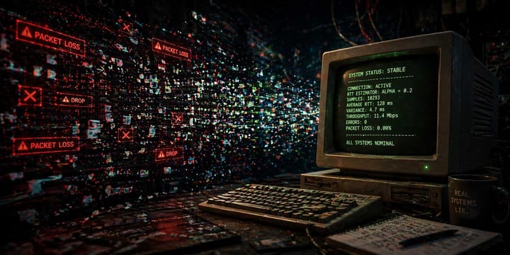 Vintage CRT terminal showing stable system output while a chaotic network with packet loss and fragmentation surrounds it, highlighting the gap between theory and real-world behavior