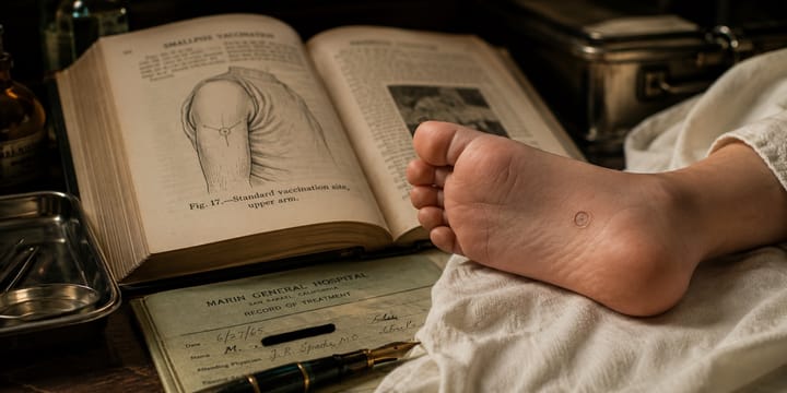 A vintage medical desk with an open vaccination textbook and a small foot showing a subtle scar, suggesting memory contradicting protocol.