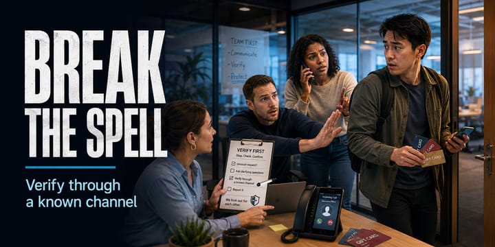 Coworkers stop an employee from leaving with gift cards after a fake executive call, showing the need to verify through known channels.