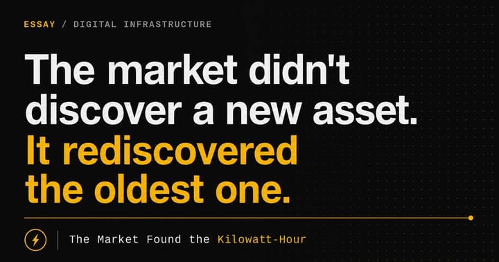 Black and amber editorial graphic reading, “The market didn’t discover a new asset. It rediscovered the oldest one,” above the title “The Market Found the Kilowatt-Hour.”