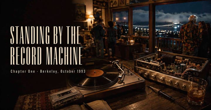 Turntable and open stereo amplifier at a 1993 Berkeley Hills party overlooking the Bay at night.