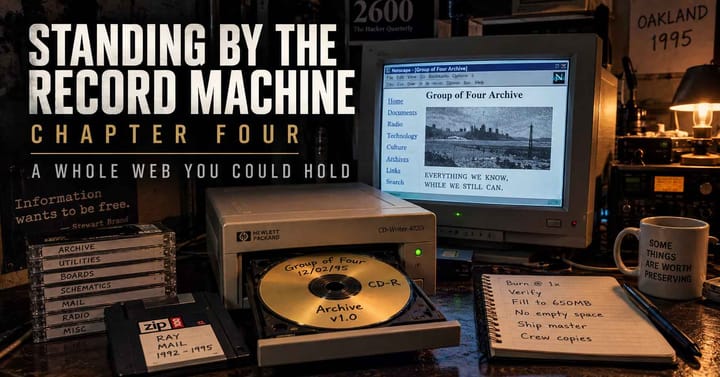 Standing By The Record Machine, Chapter Four. A 1995 computer displays the Group of Four archive while a gold CD-R burns beside radio gear, a Zip disk, and stacks of files