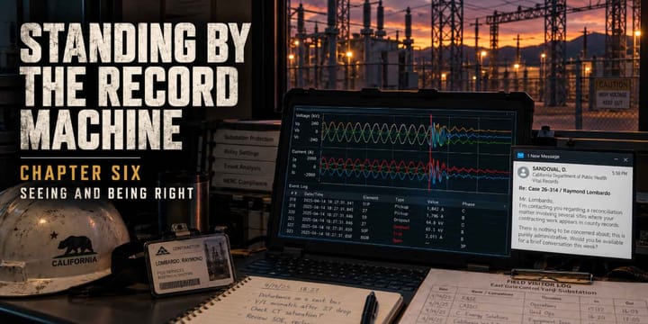 Standing By The Record Machine, Chapter Six. A substation relay displays an impossible electrical waveform as an email from California Vital Records waits on Ray's screen.