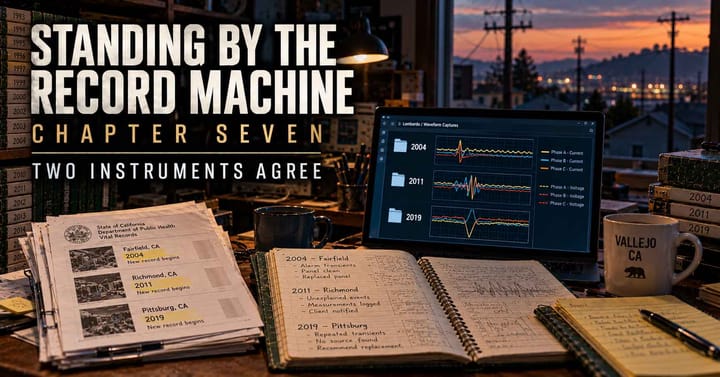 Standing By The Record Machine, Chapter Seven. Delia's case files and Ray's engineering logs show the same three dates, linking impossible records to impossible signals.