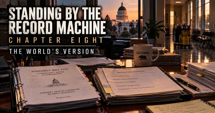 Standing By The Record Machine, Chapter Eight. A Sacramento state office holds hearing papers, a signature folder, and an empty institutional hallway beneath fading evening light.