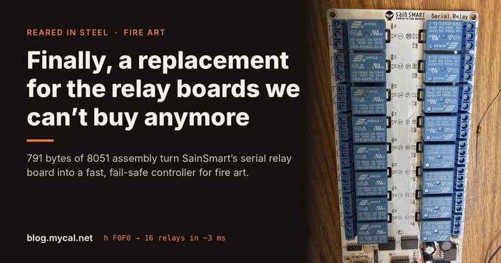 SainSmart 16-channel serial relay board with two rows of blue Songle relays, beside the title “Finally, a replacement for the relay boards we can’t buy anymore.”